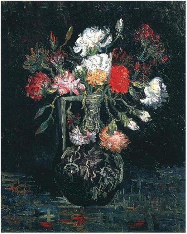 油絵　赤白ボーダーの花瓶と花 油絵 赤白ボーダーの花瓶と花 美術品・アンティーク・コレクション