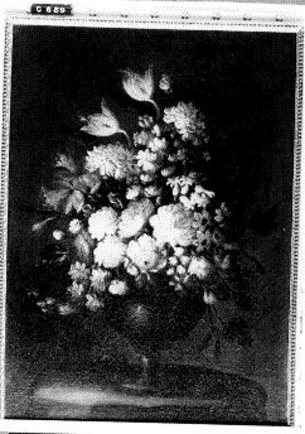 Still life with roses, tulips and other flowers in a metal vase ...