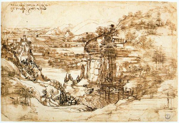 鉛筆画 レオナルド·ダ·ヴィンチ　森への想い　イメージ画 アルノ渓谷の風景 - レオナルド・ダ・ヴィンチ | FeelTheArt