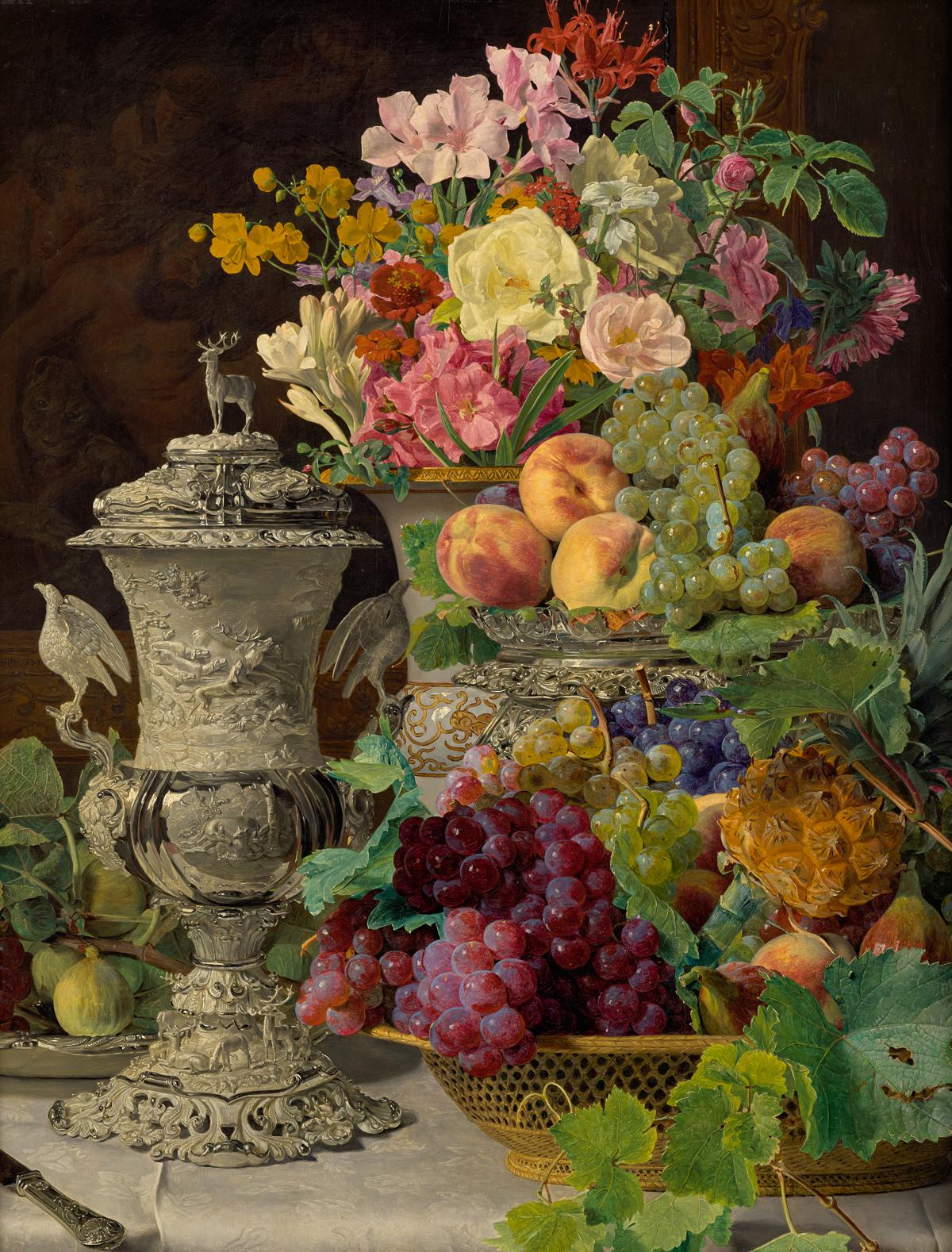 【おしゃれ】 Stillleben mit Früchten, Blumen und silbernem Pokal アート・デザイン・音楽