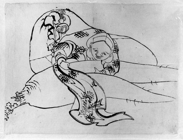 真作】掛軸 大根担ぎ人物図 滑稽風俗画 水墨淡彩 古画 大黒天風人物図